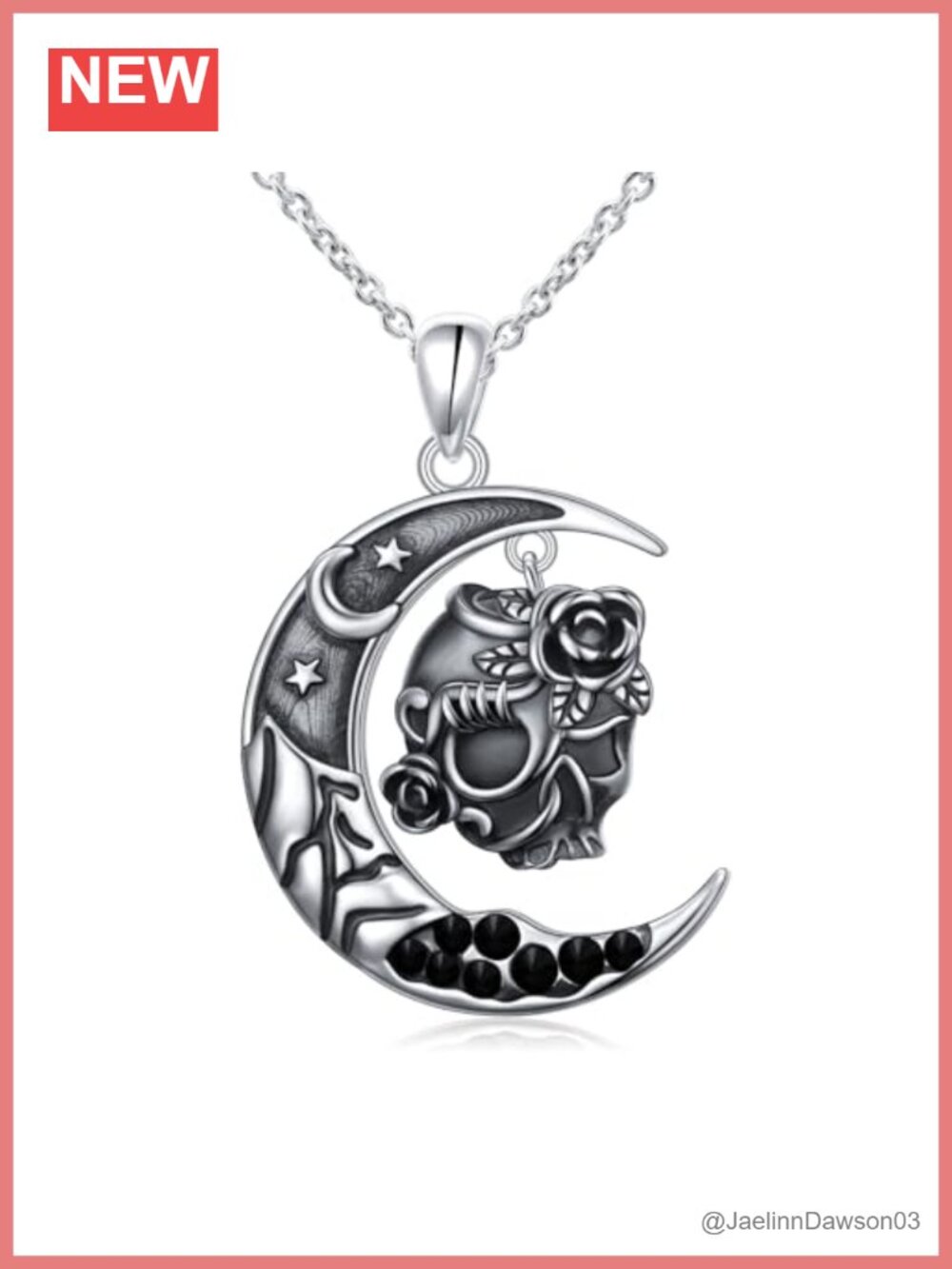 Sterling Silver Gothic Skull Moon Pendant Necklace Halloween Jewelry